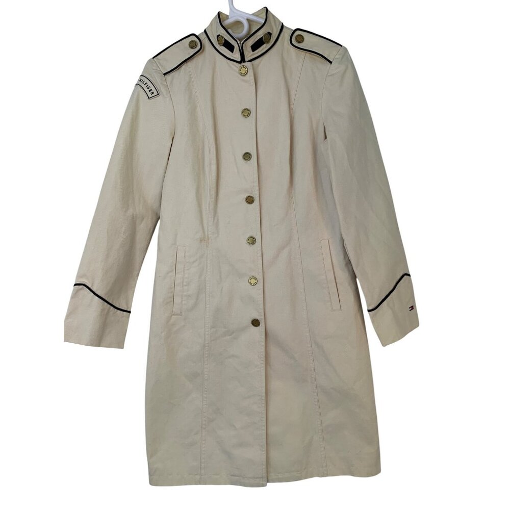 New VTG Rare Tommy Hilfiger S Military Denim Coat Logo Buttons Cream RHH10579